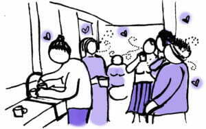 drawing showing doulas in the kitchen on a doula training course